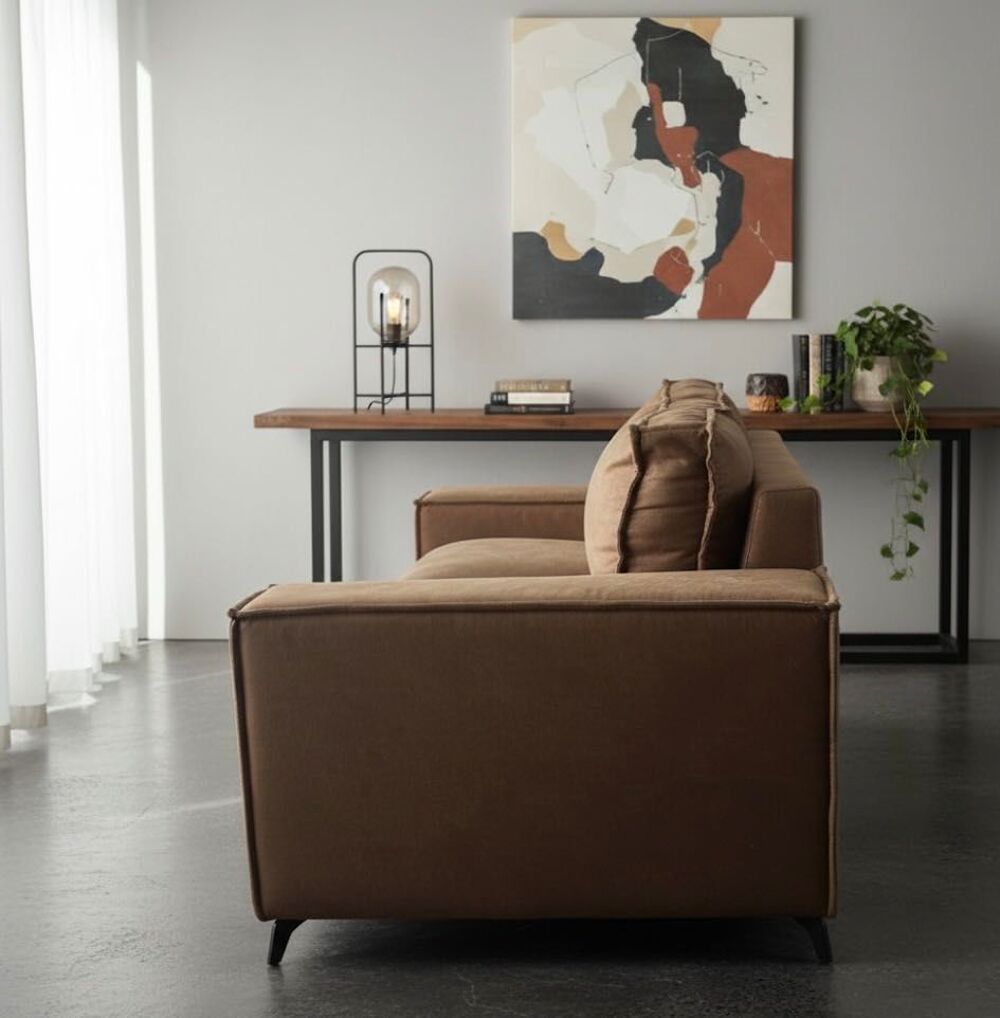 Canap&eacute; 3 places en su&eacute;dine marron effet vieilli - 210 x 90 cm - Bon &eacute;tat g&eacute;n&eacute;ral Meubles