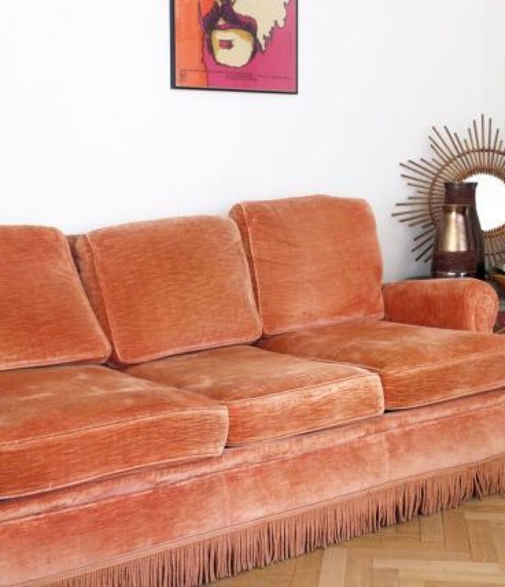 Canap&eacute; &agrave; franges velours marron convertible + 2 fauteuils Meubles
