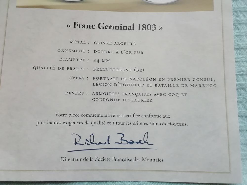 Pi&egrave;ce de collection Franc Germinal 1803 Neuve 