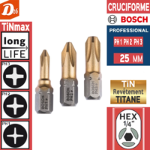   3 embouts de vissage BOSCH PH1 PH2 PH3 au NITRURE de TITANE 