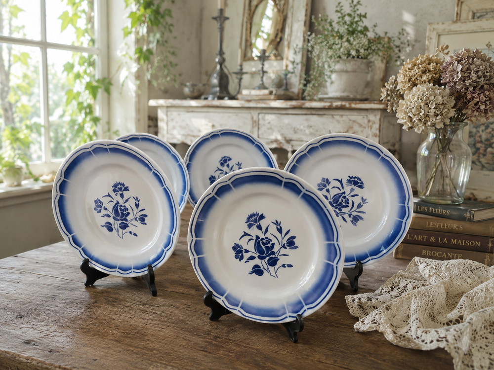 Assiettes plates anciennes ? D&eacute;cor bleu fleuri ? Lot de 5 