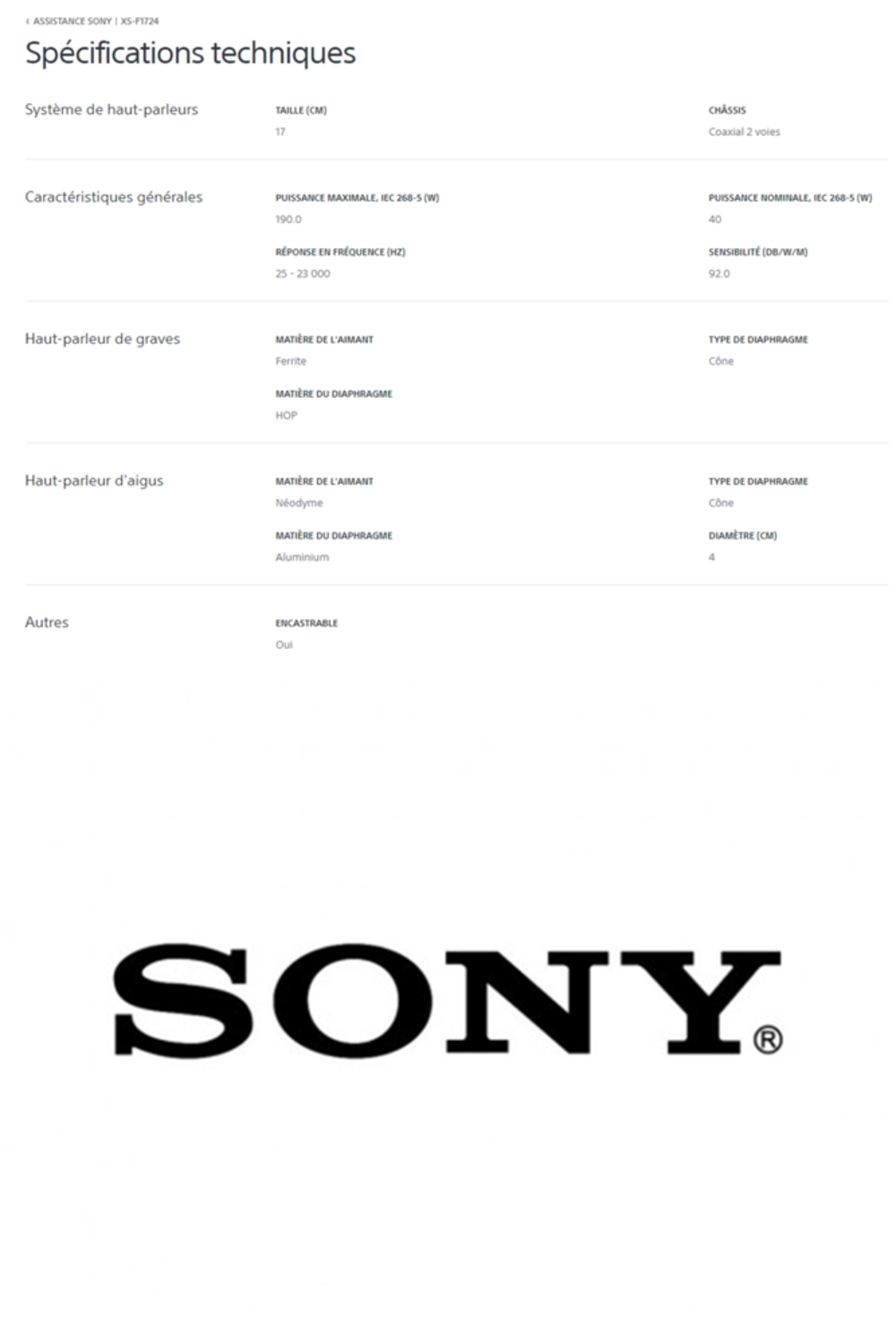 SONY XS-F1724 Haut-parleur Automobile Audio et hifi