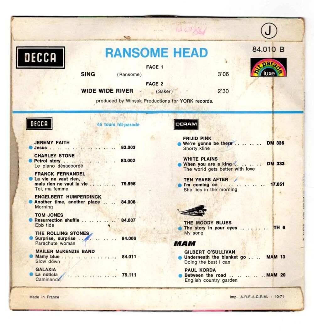 SP RANSOME HEAD : Sing - Decca 84.010 B - 1971 CD et vinyles