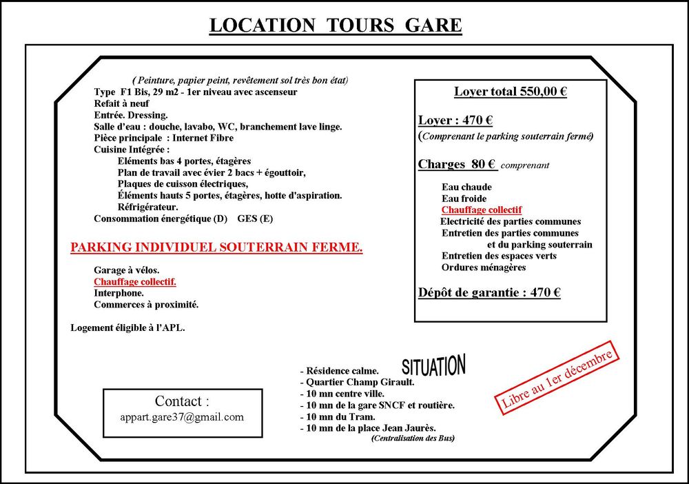 Location Appartement F1 bis Tours gare Tours