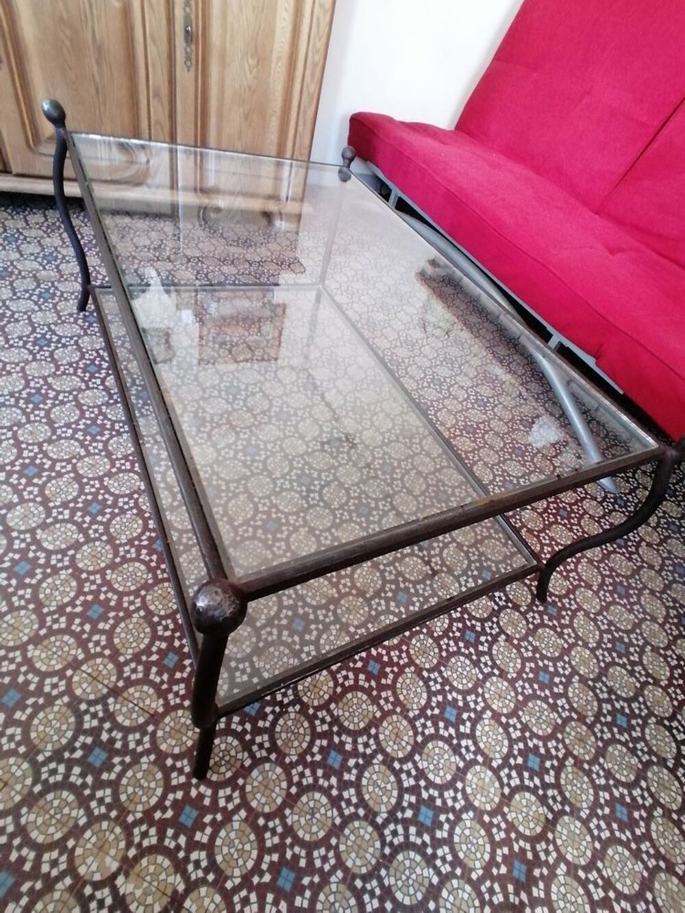 Table basse 2 plateaux en verre, structure en fer forg&eacute; Meubles