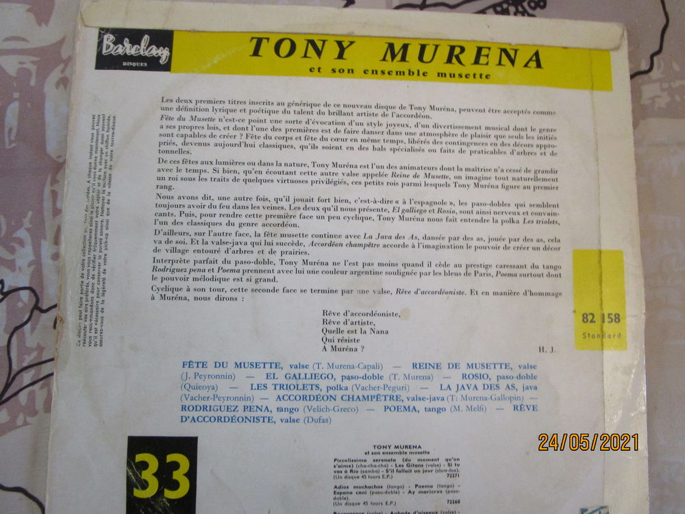 vinyle &quot;REINE DE MUSETTE&quot; de Tony Murena CD et vinyles