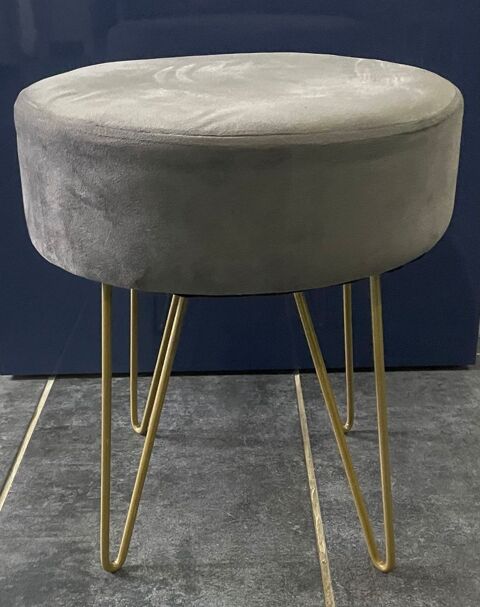 Tabouret pouf rond �34,5cm, en velours gris, pi�tement m�tal 15 Baillargues (34)