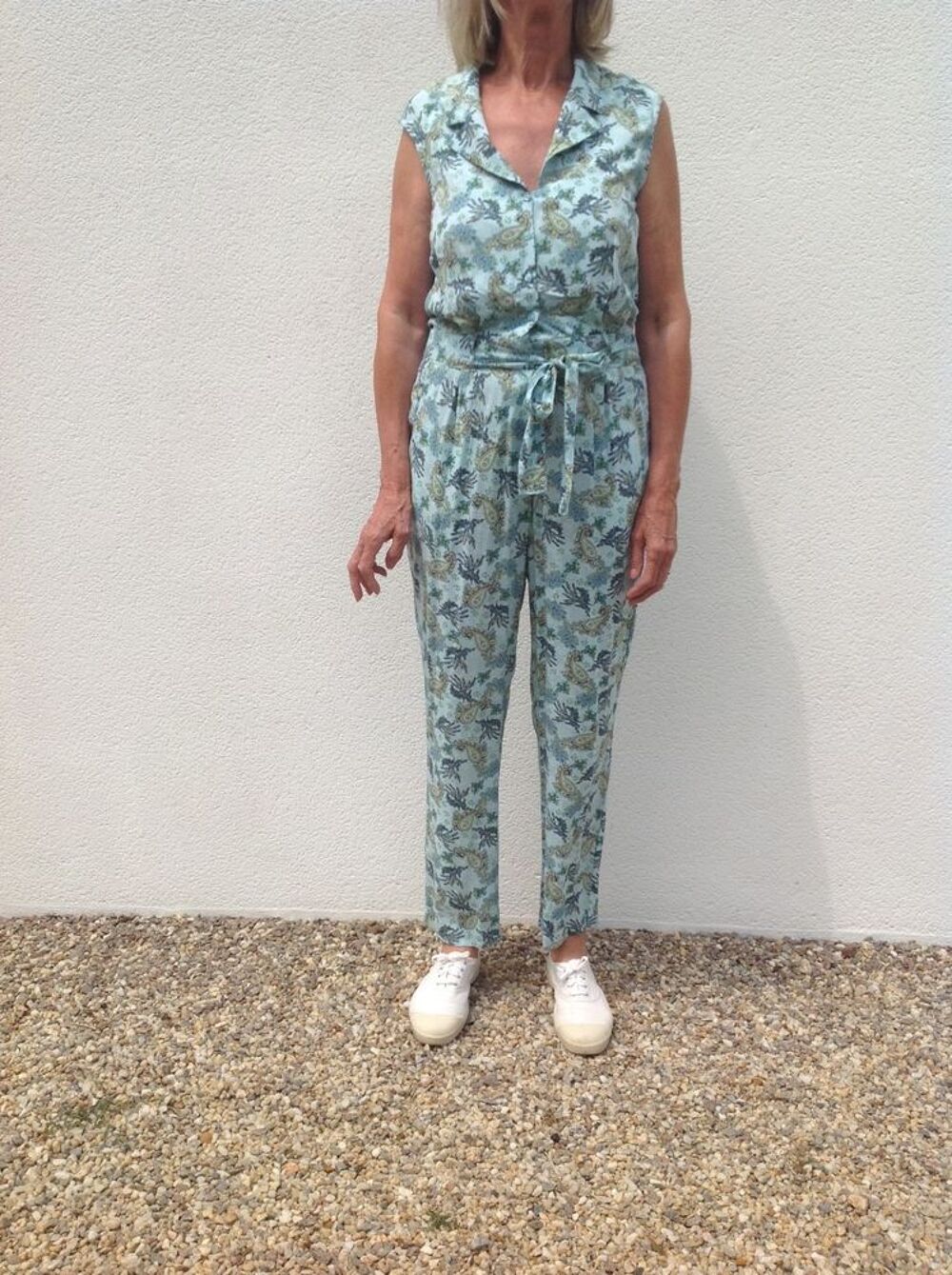 Combi-pantalon femme IKKS, turquoise &agrave; motifs floraux, neuve,40 Vtements