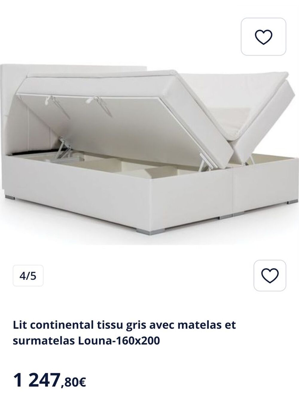 Lit coffre, 160x200, tissu gris avec matelas et t&ecirc;te de lit Meubles