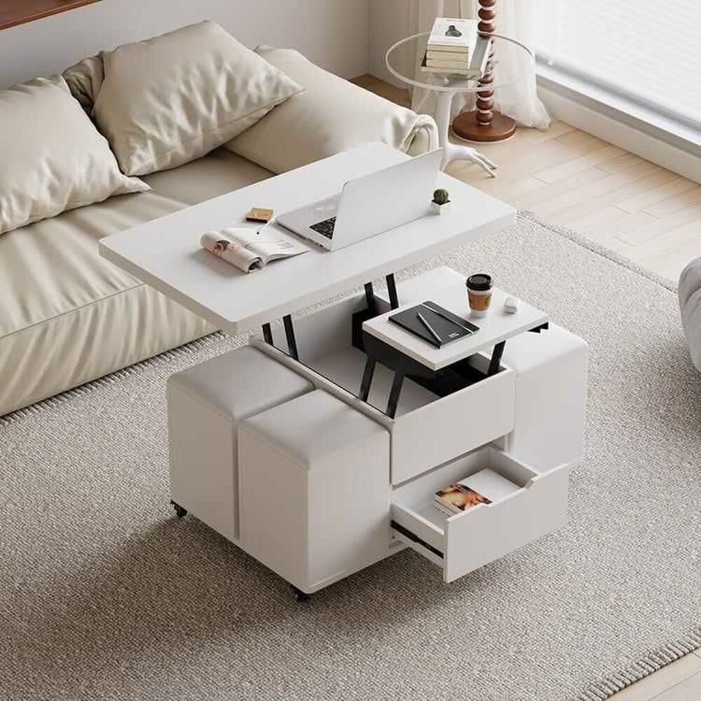 Table basse pliable avec plateau relevable + 4 tabourets et rangement Meubles