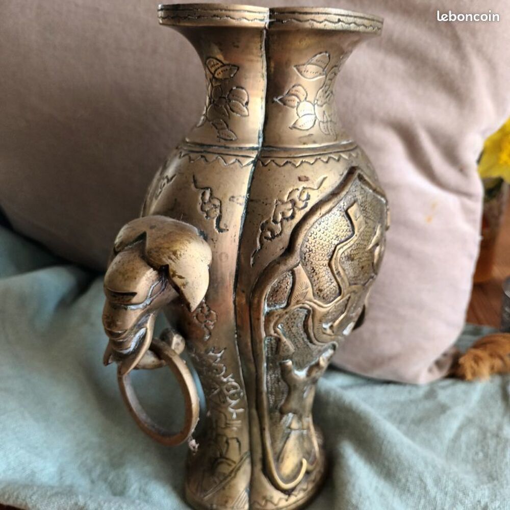 Vase bronze dor&eacute; chinois elephant chine thailande laos asie Décoration