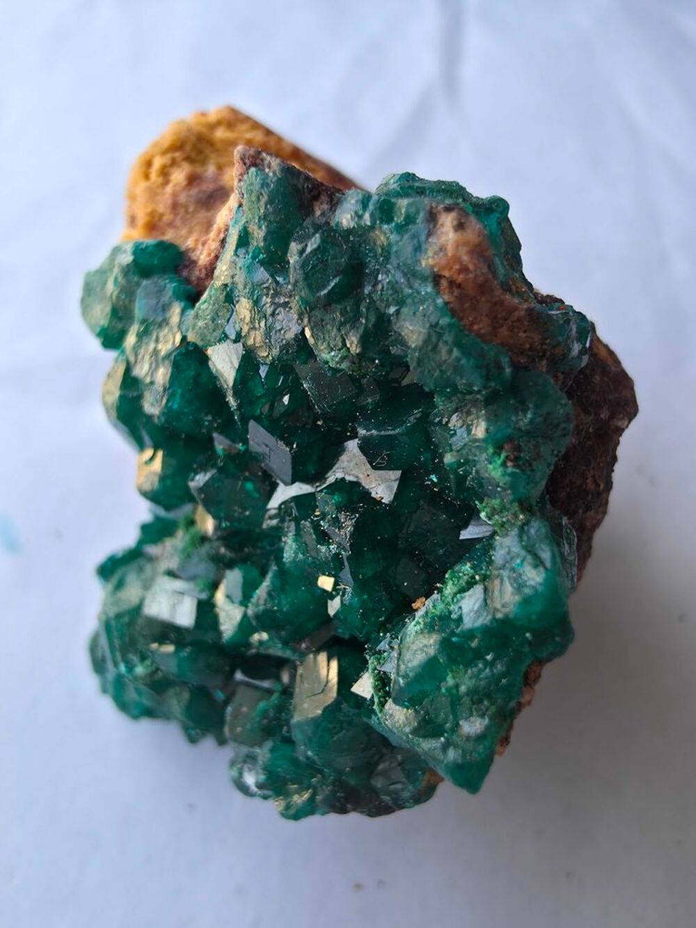 V&eacute;ritable Dioptase sur Gangue Ocre-Min&eacute;ral de Collection Katanga 92g 
