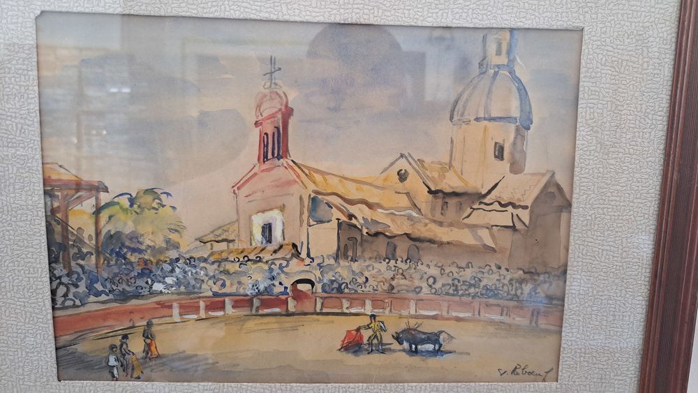 3 aquarelles et 1 peinture huile de Andr&eacute; Villeboeuf 