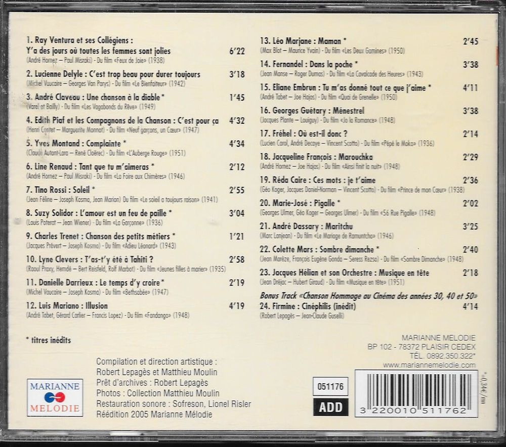 les chansons du cin&eacute;ma volume 1 CD et vinyles