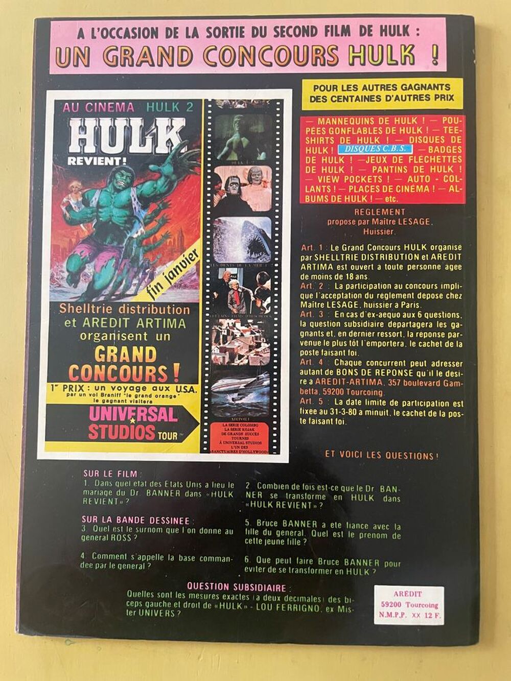 BD EO 1980 HULK fait &eacute;chec au cam&eacute;l&eacute;on Artima Color MARVEL Livres et BD