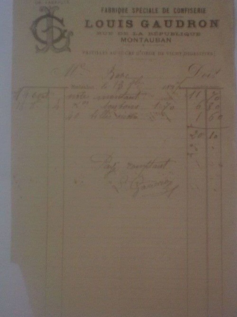 Facture Louis Gaudron Montauban pastilles sucre d'orge Vichy 