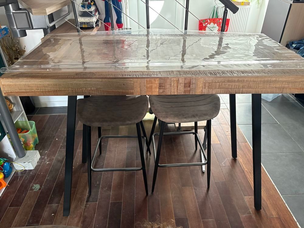 table bar teck metal et tabouret cuir Meubles