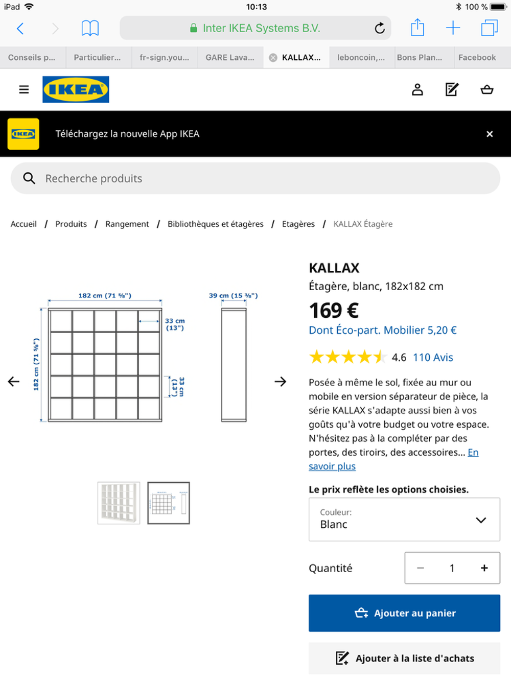 grande &eacute;tag&egrave;re blanche IKEA Kallax 1m82 par 1m82 Meubles