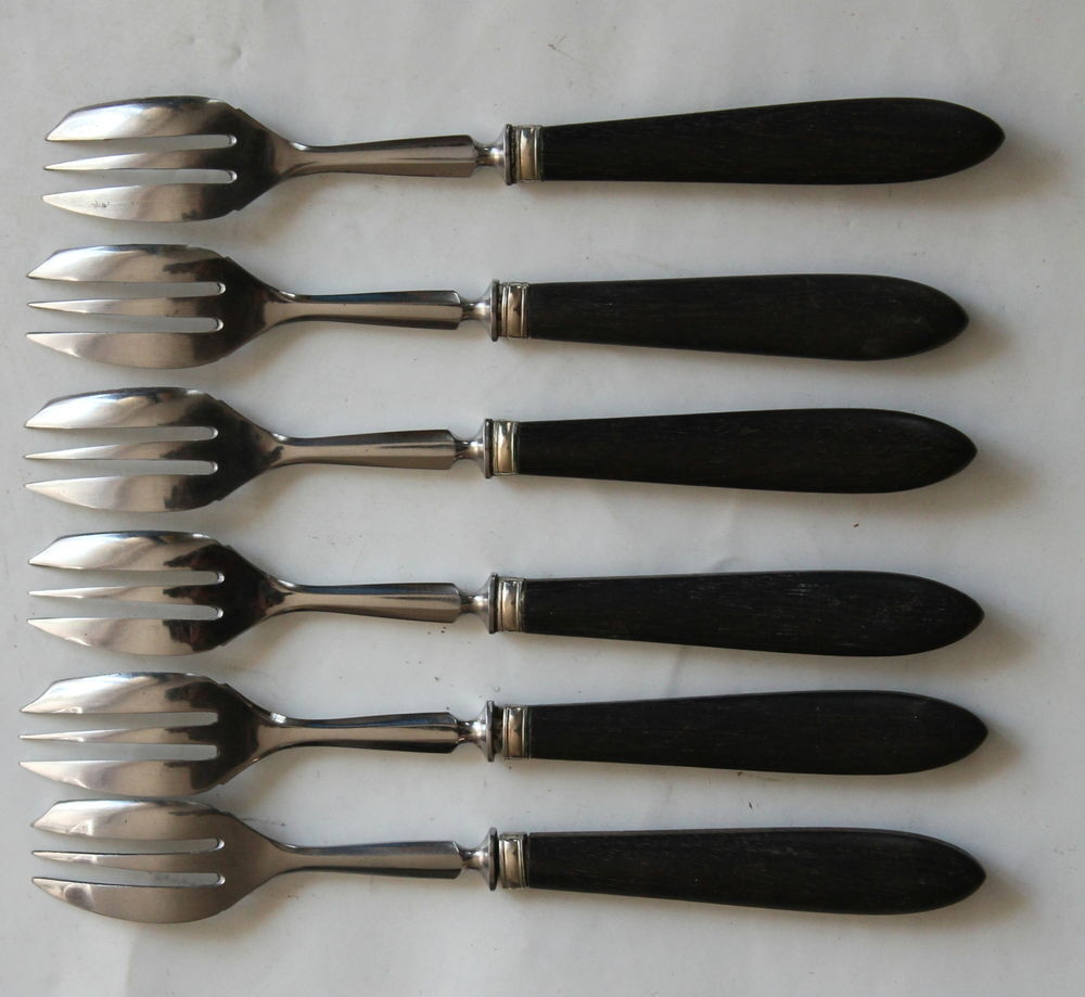 Fourchettes &agrave; huitres anciennes virole argent manche &eacute;b&egrave;ne Cuisine