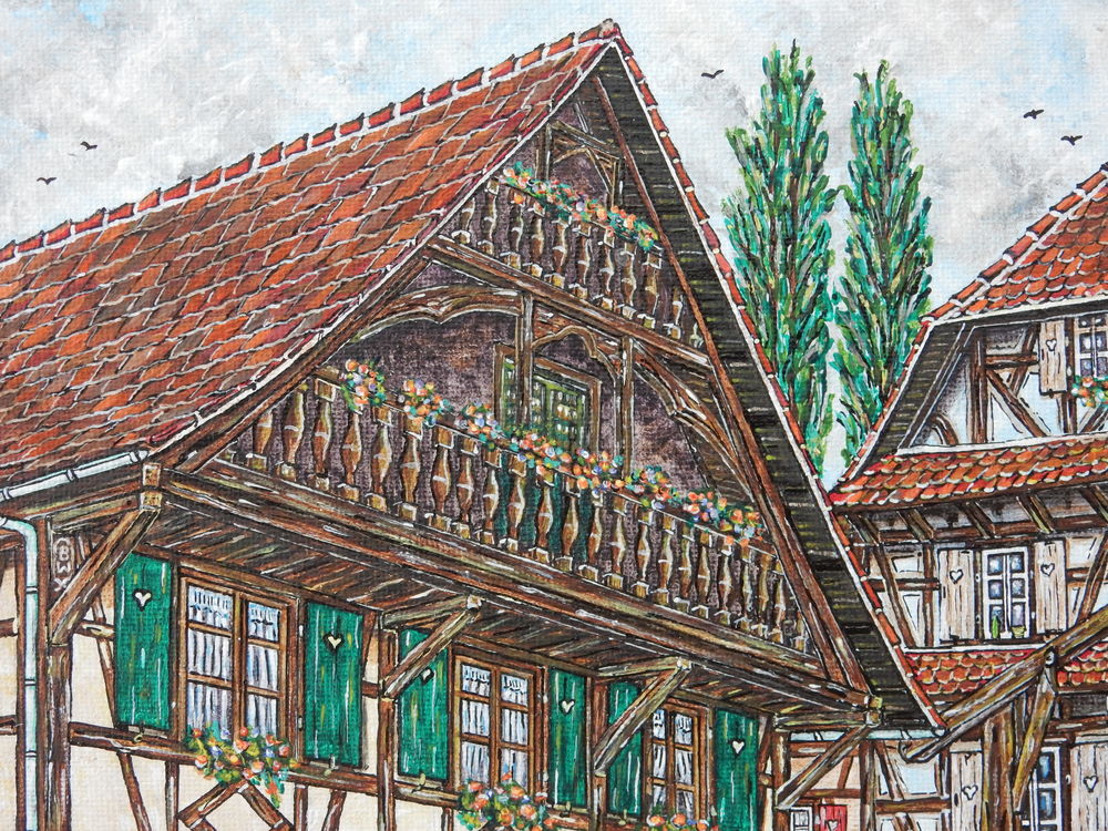 Peintre amateur : Tableau maisons alsaciennes Décoration