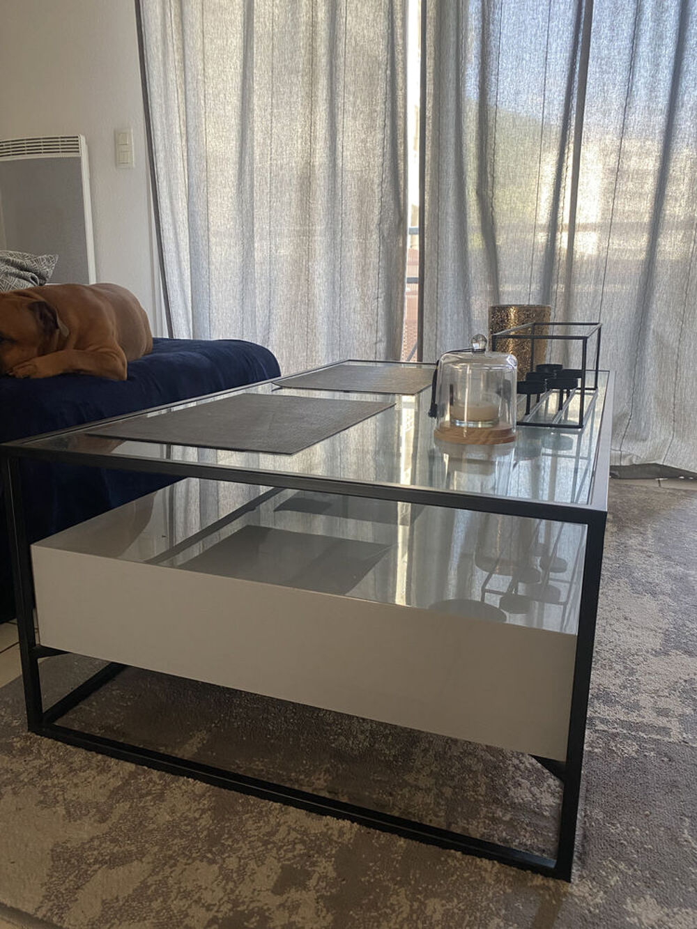Table basse salon plateau en verre structure m&eacute;tal 2 tiroirs Meubles