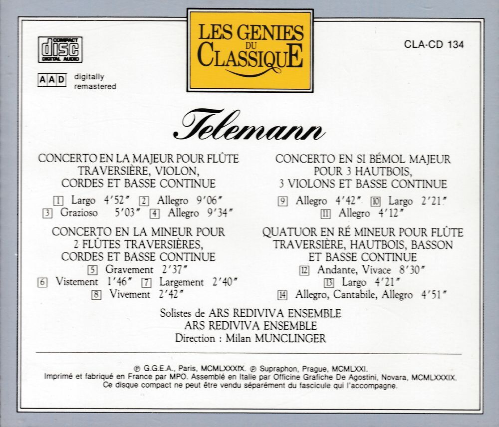CD Telemann Concertos, Quatuor CD et vinyles