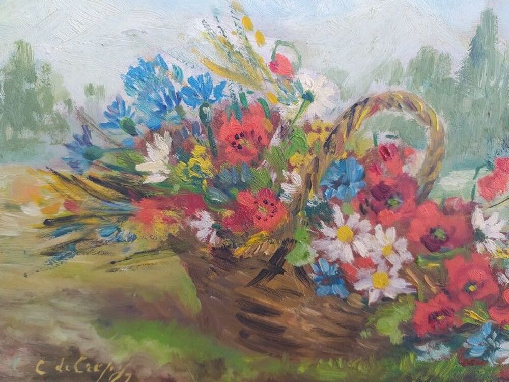 Ancien Tableau Bouquet de Fleurs Printani&egrave;res Sign&eacute;
