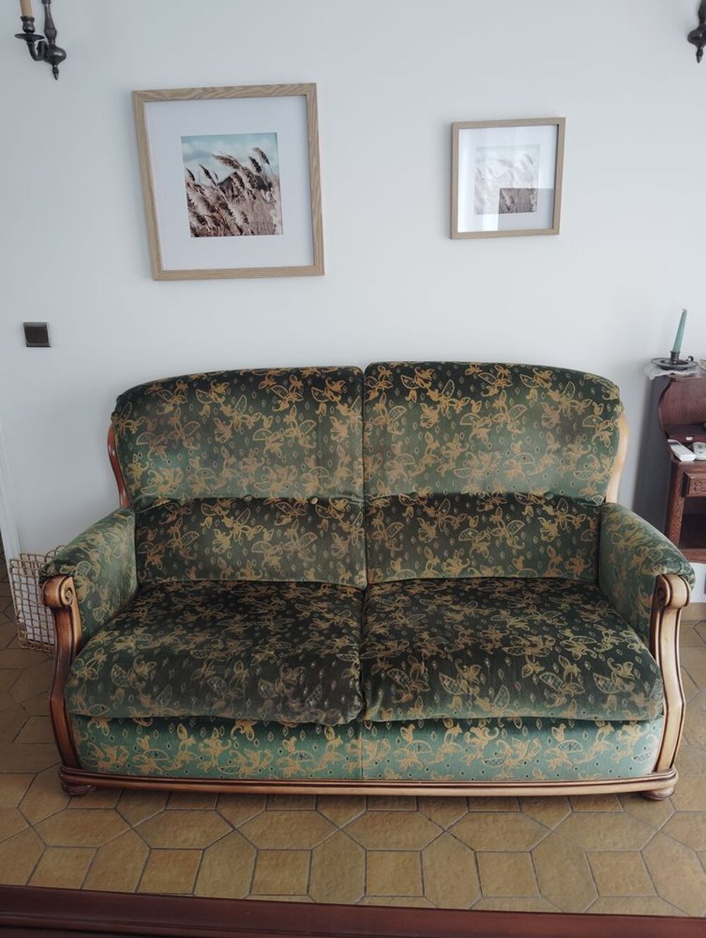 salon vintage en velours vert -canap&eacute; 2 places + 2 fauteuils Meubles