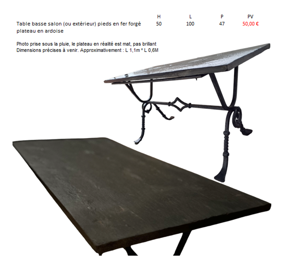 TABLE BASSE PLATEAU ARDOISE, PIEDS FER FORGE Meubles