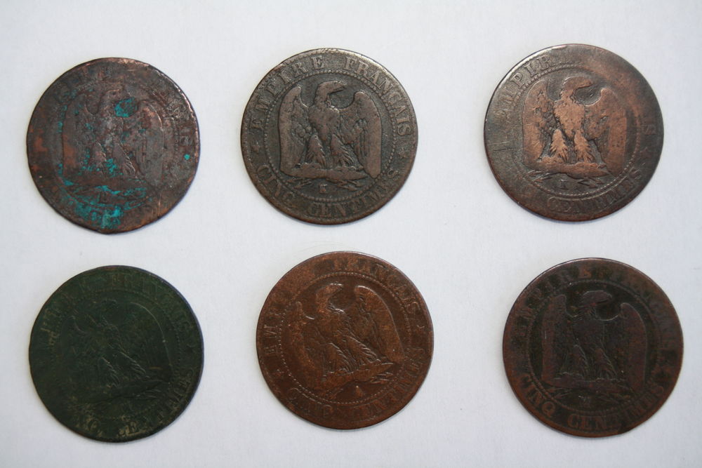 6 pi&egrave;ces de monnaies Napol&eacute;on lll 
