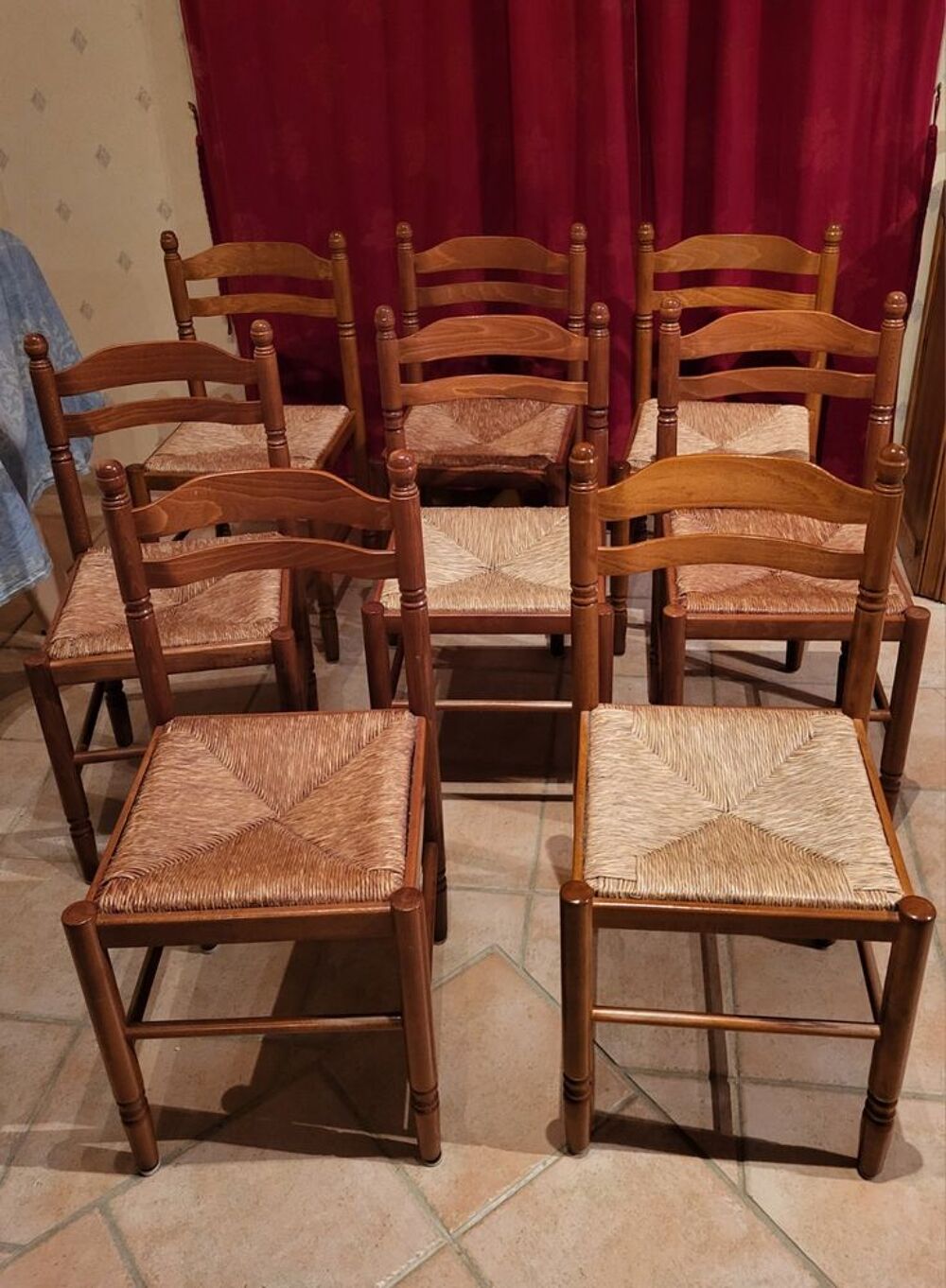 Lot de 08 chaises bois et paille Meubles