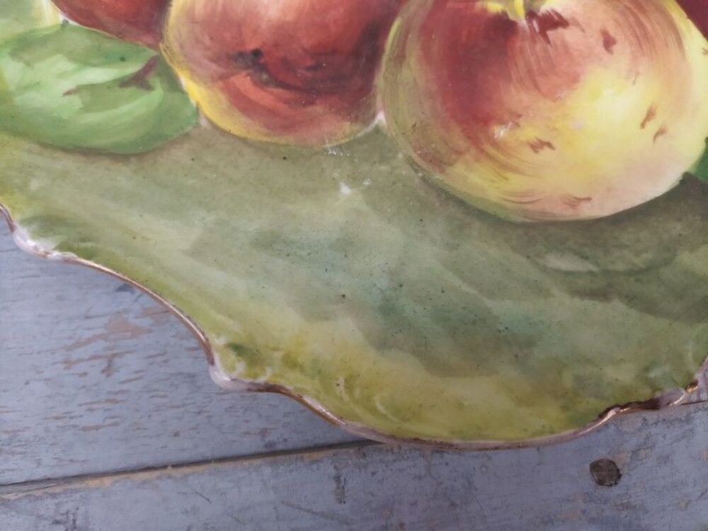 Ancienne Assiette Porcelaine D&eacute;cor Peint Fruits Pomme Poire 
