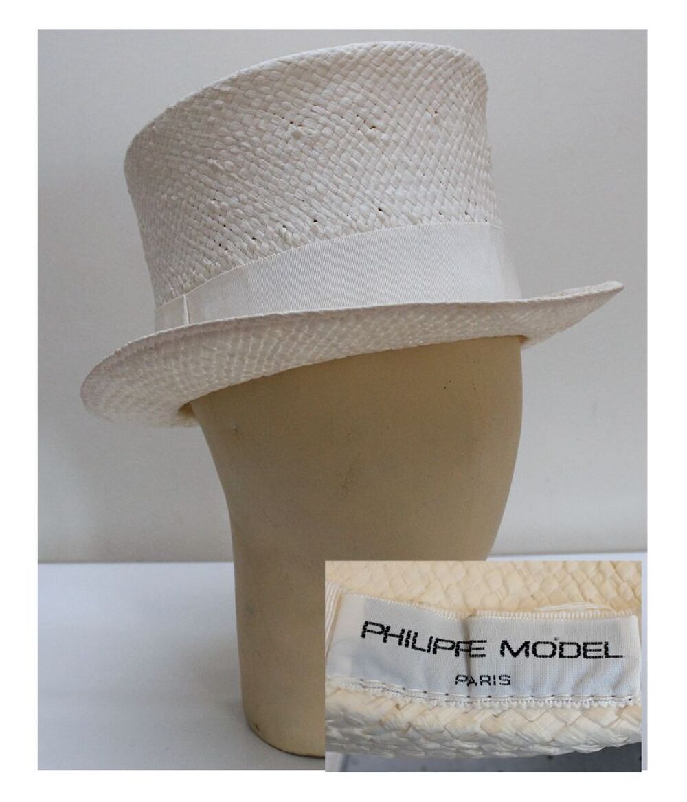 Chapeau Haut de Forme paille blanche PHILIPPE MODEL vintage Vêtements