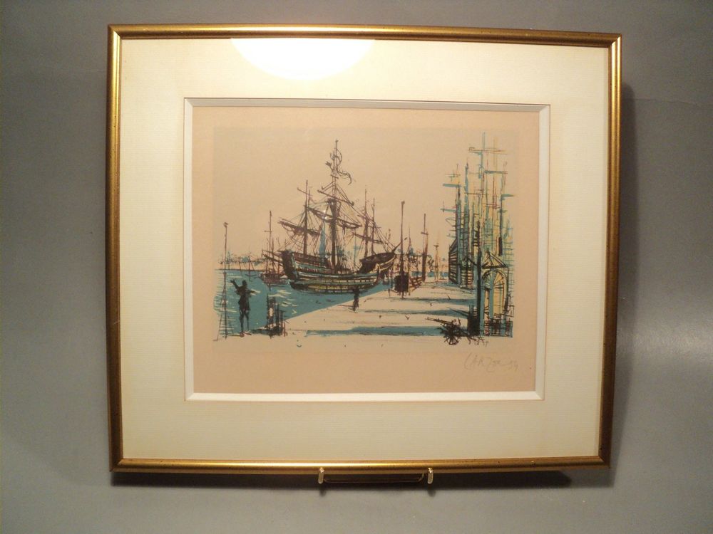 Jean Carzou Lithographie Encadr&eacute;e Repr&eacute;sentant un Port 1954. 