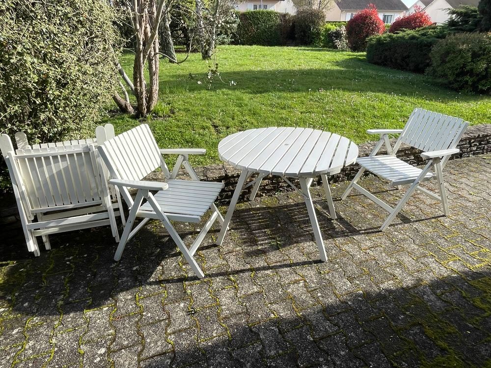 Salon de jardin bois laqu&eacute; blanc estampill&eacute; R. Gleizes mod&egrave;le Youpi Jardin