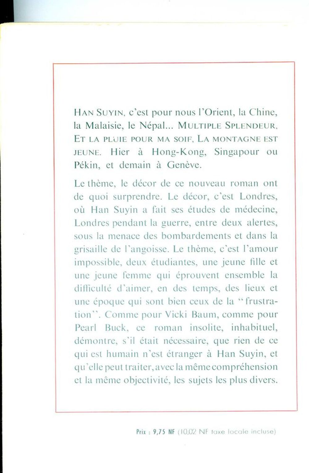 AMOUR D'HIVER, Han Suyin, Livres et BD