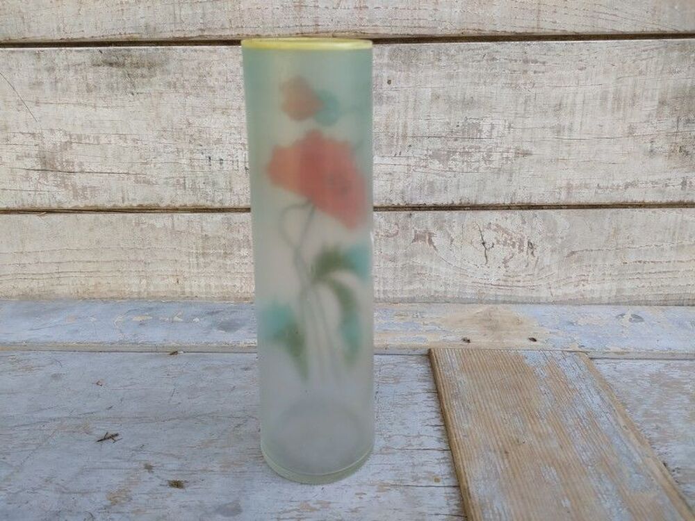 Ancien Vase Verre &Eacute;maill&eacute; D&eacute;cor Fleurs Pavot Style Legras Décoration