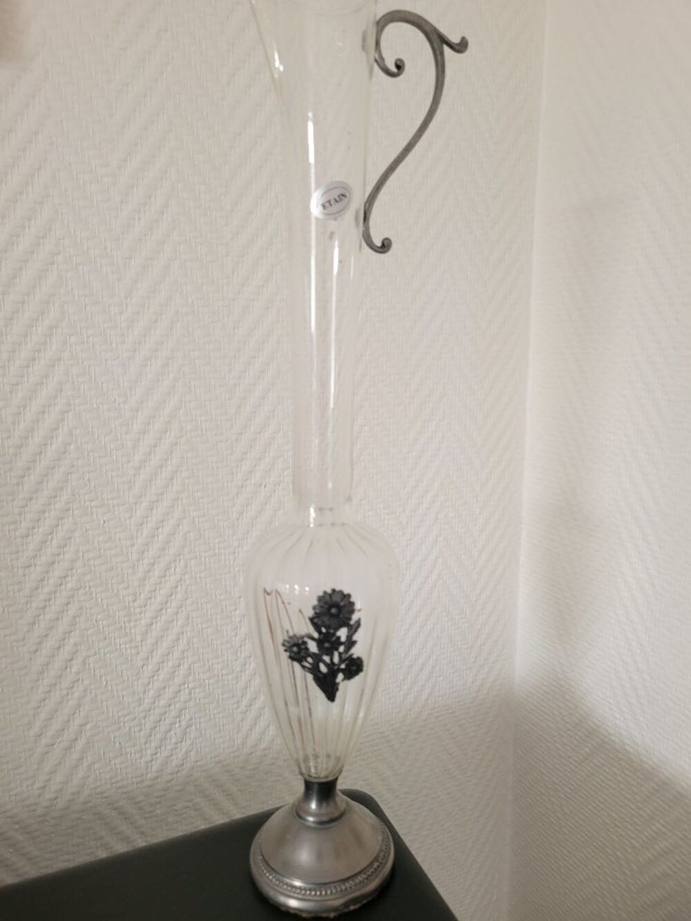 Vase soliflore verre et &eacute;tain hauteur 34,5 cms Décoration