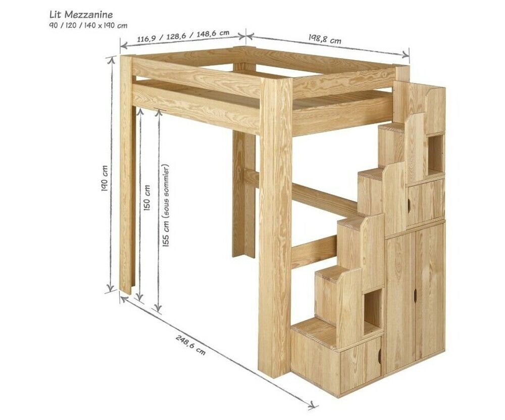 Chambre mezzanine bois massif 120x190 escalier &amp; rangement Meubles