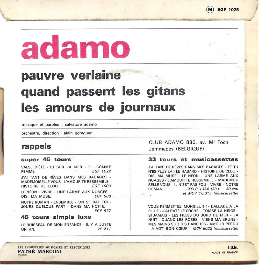 Adamo "Pauvre Verlaine" CD et vinyles