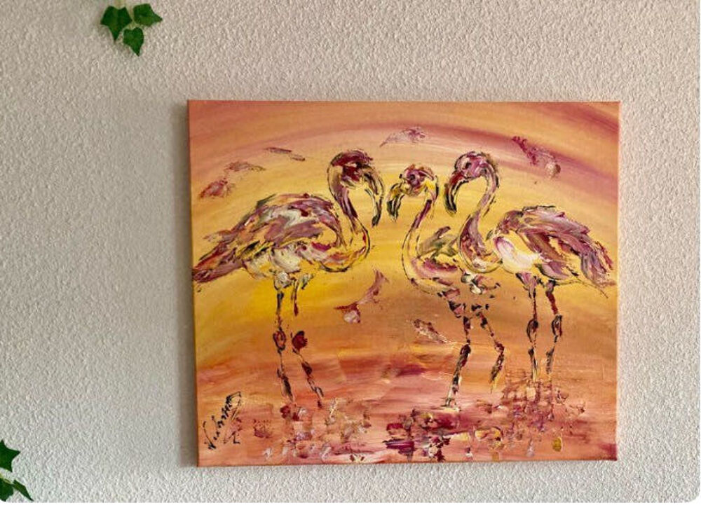 Tableau Flamants roses Peinture sur toile Camargue 55x46cm Neuf Original Décoration