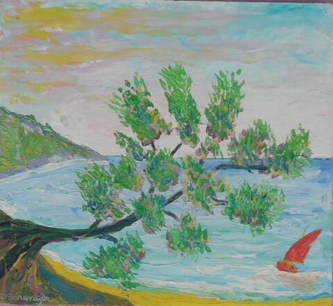 Peinture sur bois arbre pench� et voilier 36,7 cm x 40,3 cm 30 Castries (34)