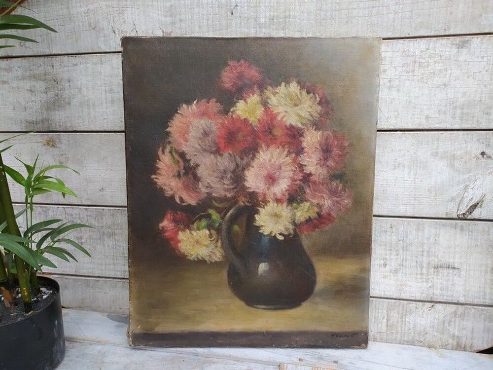 Tableau Nature Morte aux Fleurs Dahlia Sign&eacute; V. Salmon 
