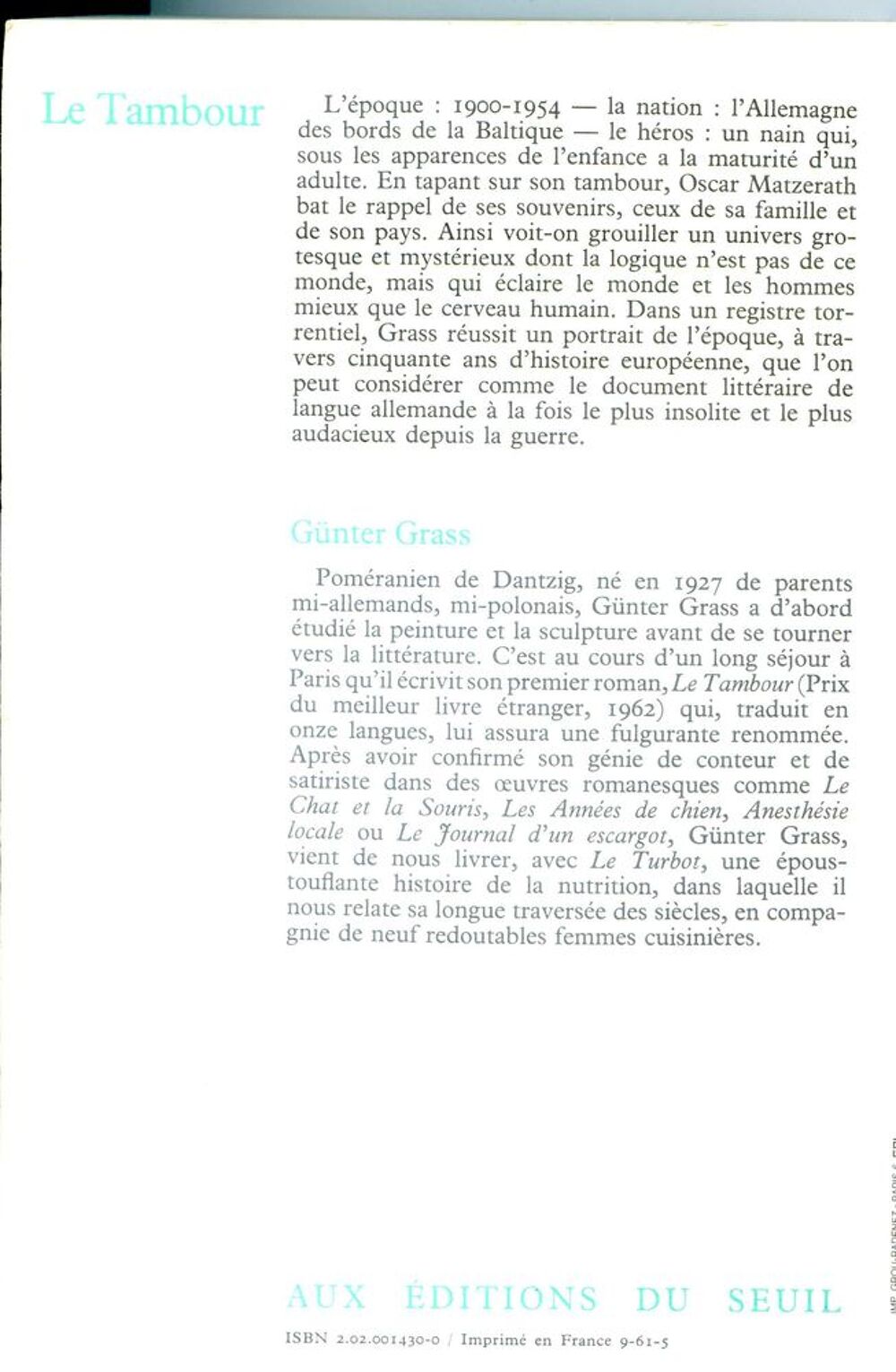 LE TAMBOUR - G&uuml;nter Grass, Livres et BD