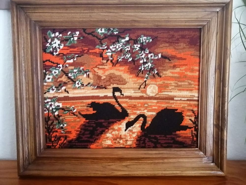 Magnfique tableau CANEVAS laine - Cygnes avec coucher de sol Décoration