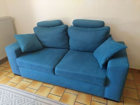 Canap But convertible, tissu bleu moderne, 3 places,TB Etat 225 Magn (79)