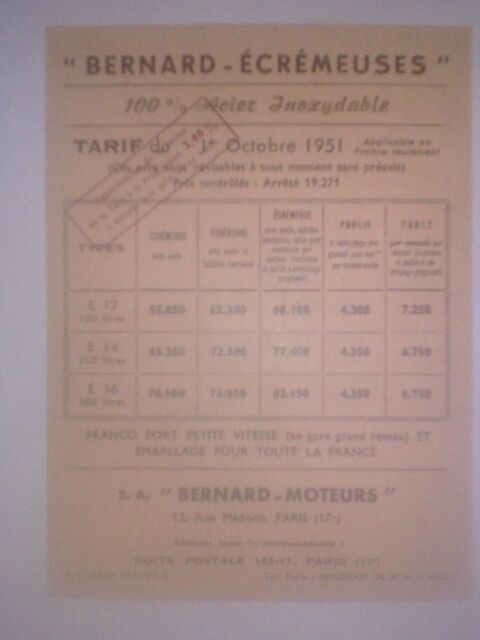 Pub Bernard crmeuses Bernard Paris Tarif 1er Octobre 1951 7 Nrac (47)