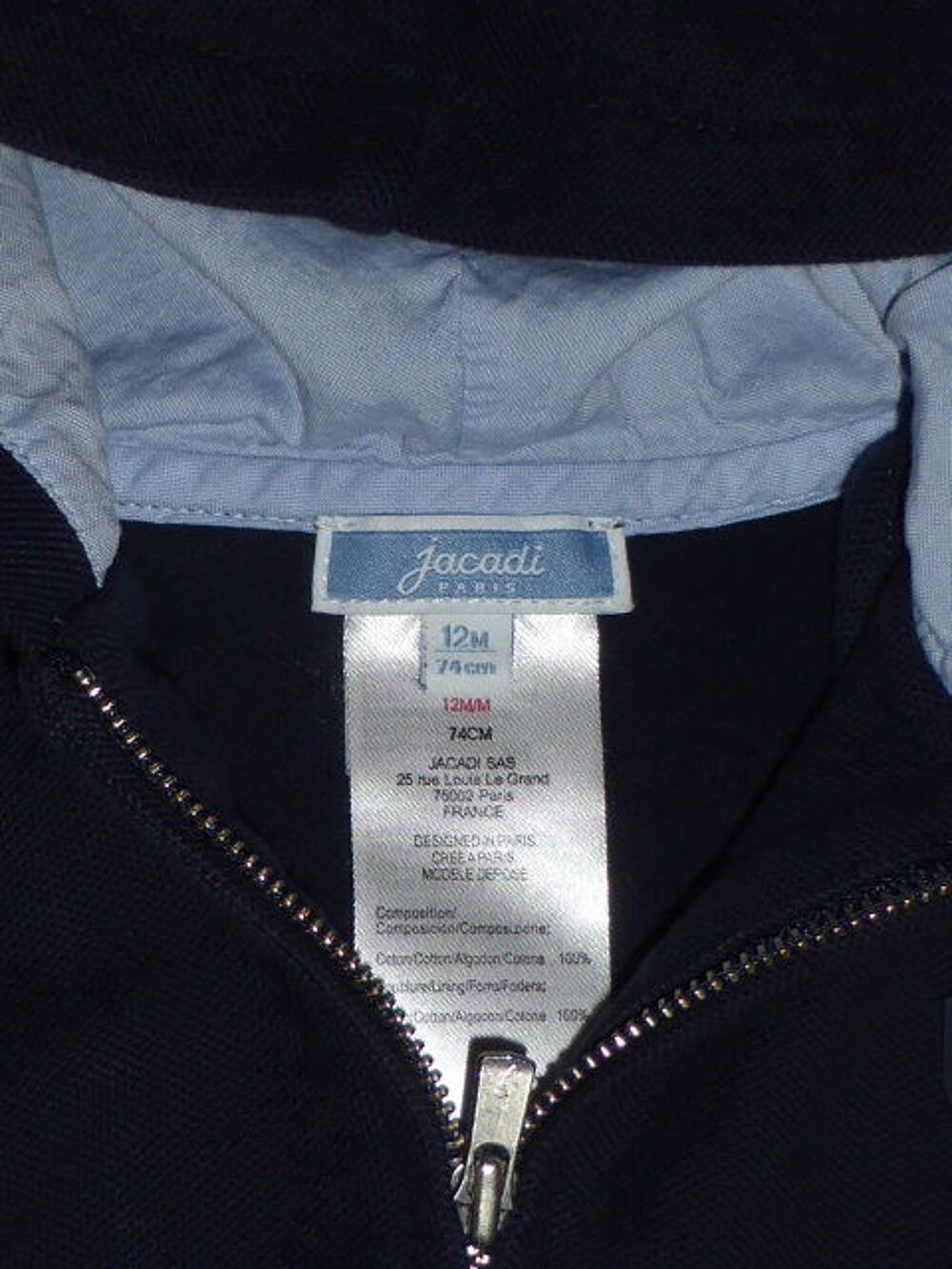 JACADI Gilet bleu marine zipp&eacute; &agrave; capuche 12 mois Vêtements enfants