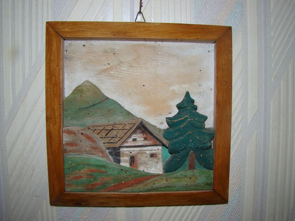 Peinture sur bois en relief " Chalet de montagne " 1930 Décoration