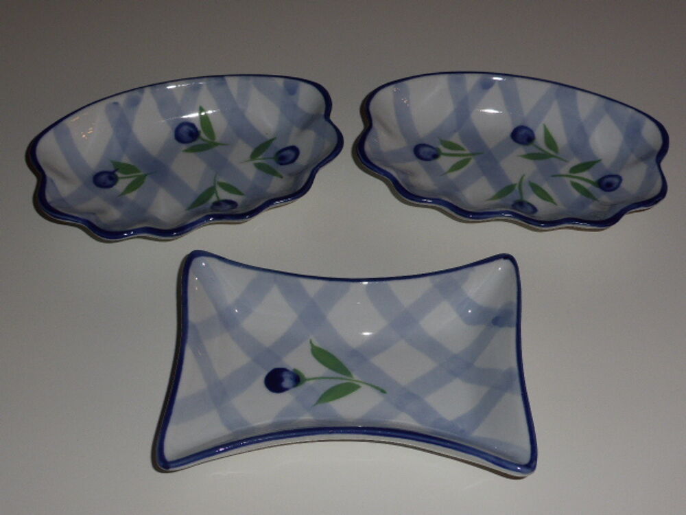 Lot de 3 coupelles quadrill&eacute;es bleu et blanc Cuisine